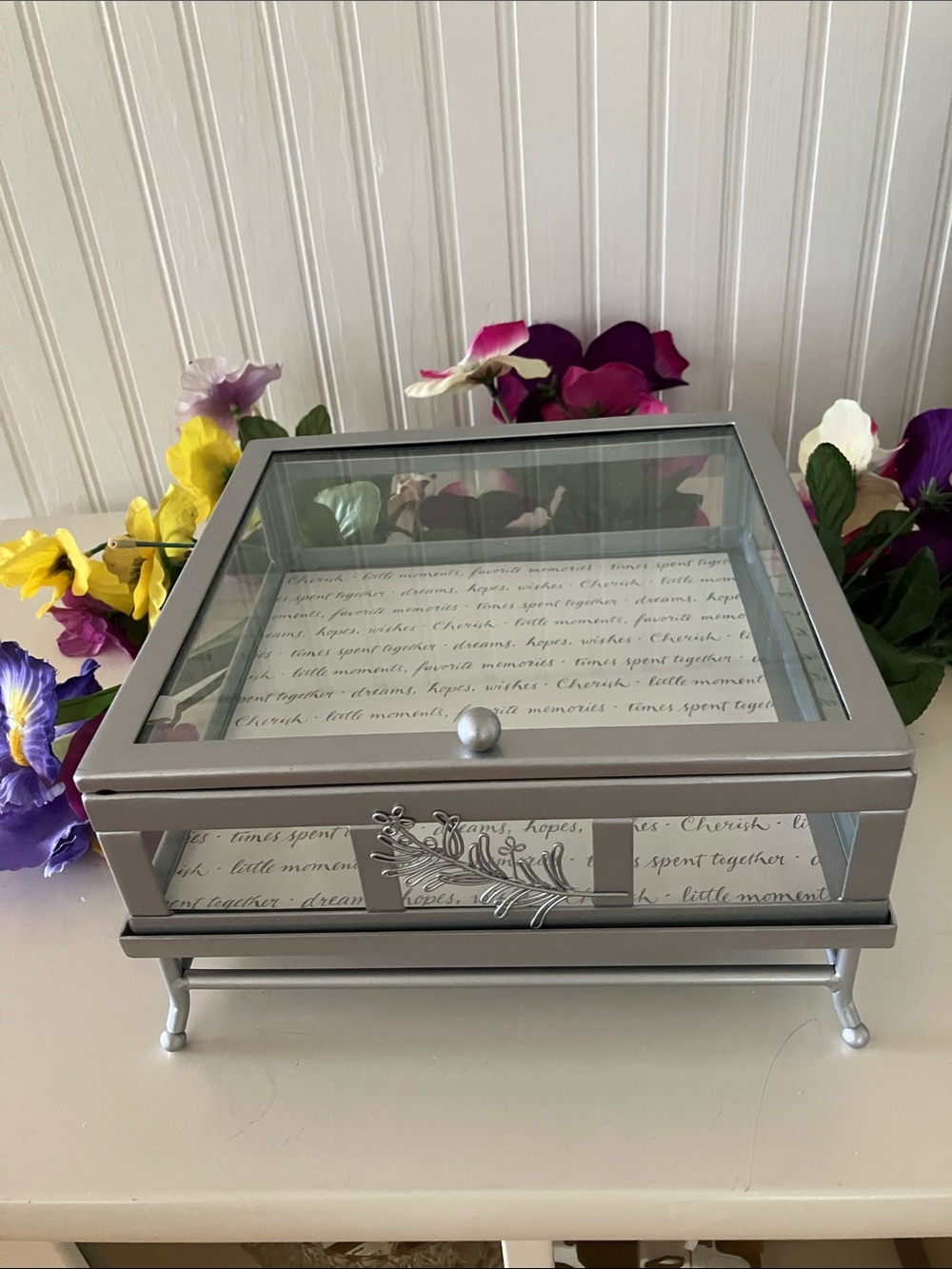 Hallmark Silver Glass Jewelry:Trinket Display Box with Decorative Trim
